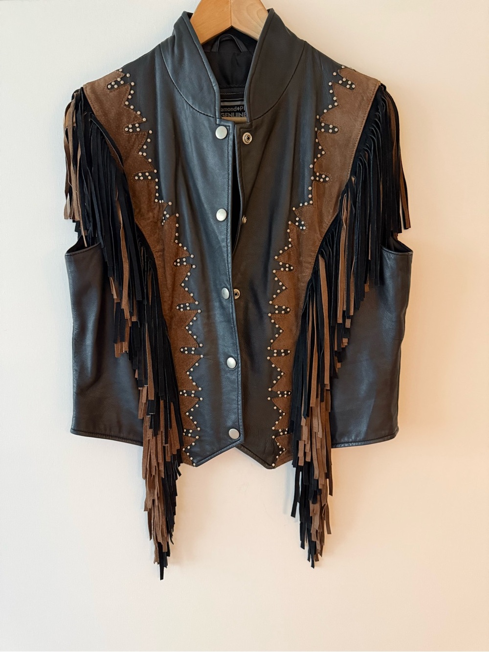 Dark Brown Genuine Leather Fringe Vest with Brown Suede Yoke Western Cowboy M